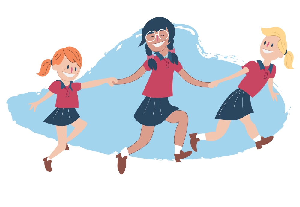 Three girls in school uniform holding hands and skipping