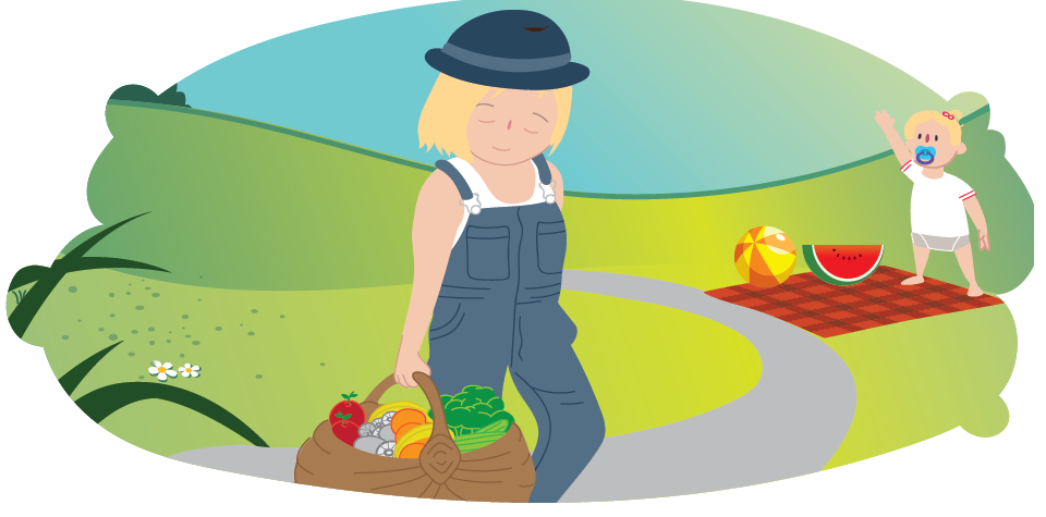 Girl with fruit basket and baby on picnic rug surrounded by fruit