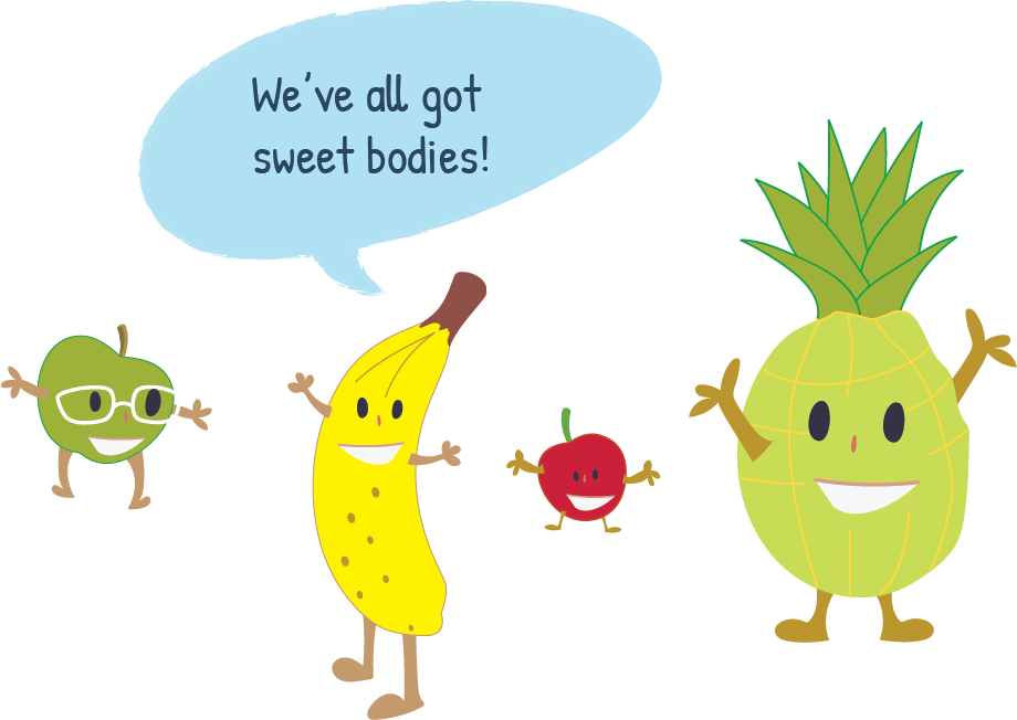 Green apple, banana, red apple, pineapple all happy and celebrating their "sweet" bodies