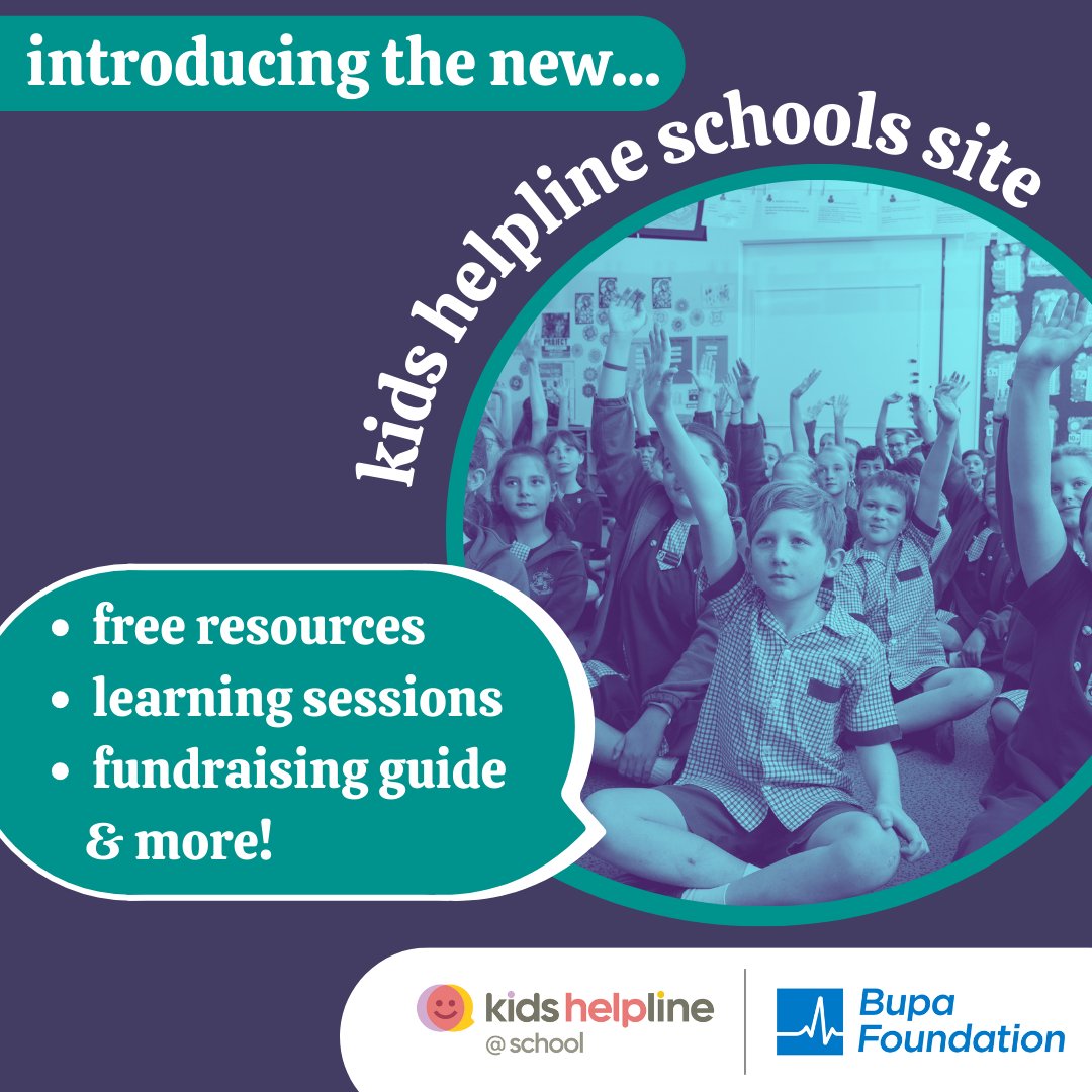 Picture of kids sitting in class with raised hands, and the text 'Introducing the new Kids Helpline schools site'