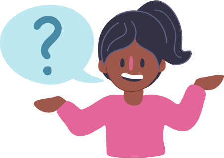 Girl with raised arms and speech bubble with a question mark