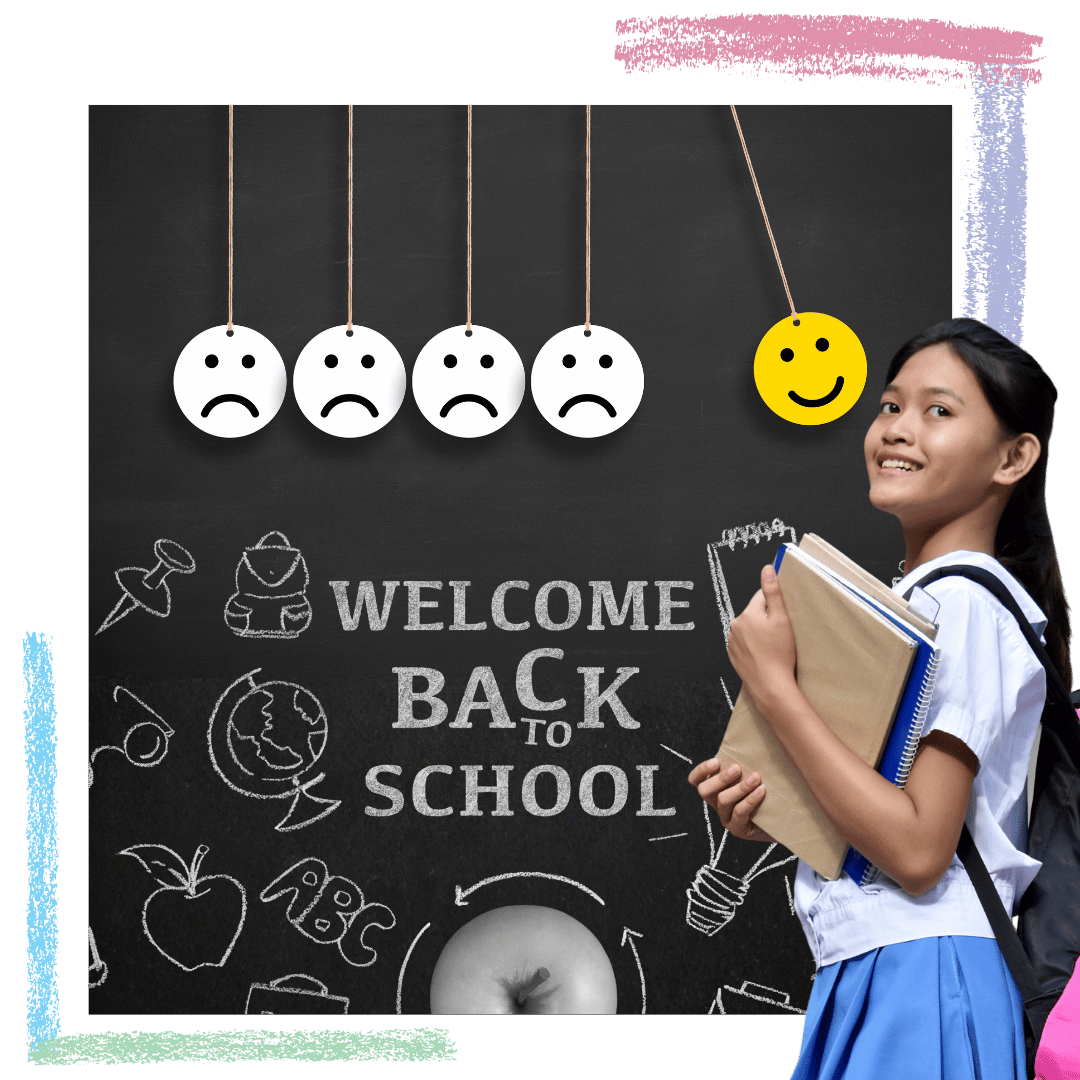 Smiling girl near blackboard which says, "Welcome back to school"