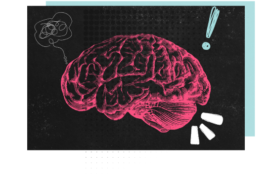 Blackboard with image of a brain and thinking squiggles