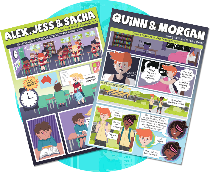 Cover of two comics focusing on child abuse: Alex, Jess & Sacha and Quinn & Morgan