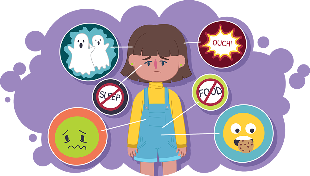 Child experiencing a range of feelings including upset tummy, headache, not sleeping