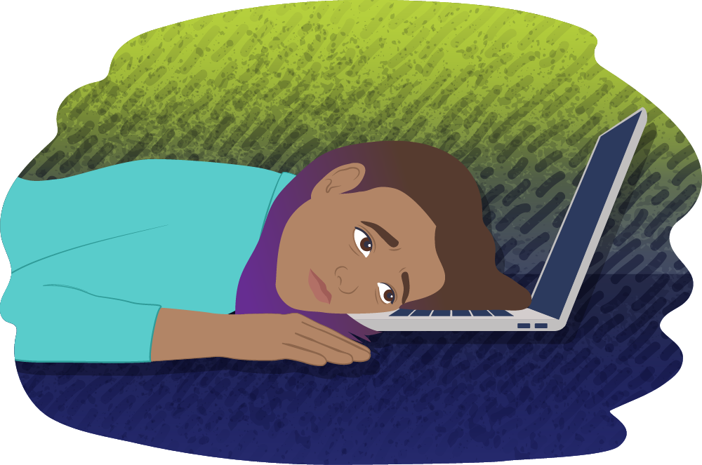 Young person laying face down on a laptop keyboard looking stressed