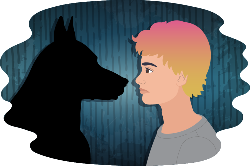 Teen looking at shadowy black dog