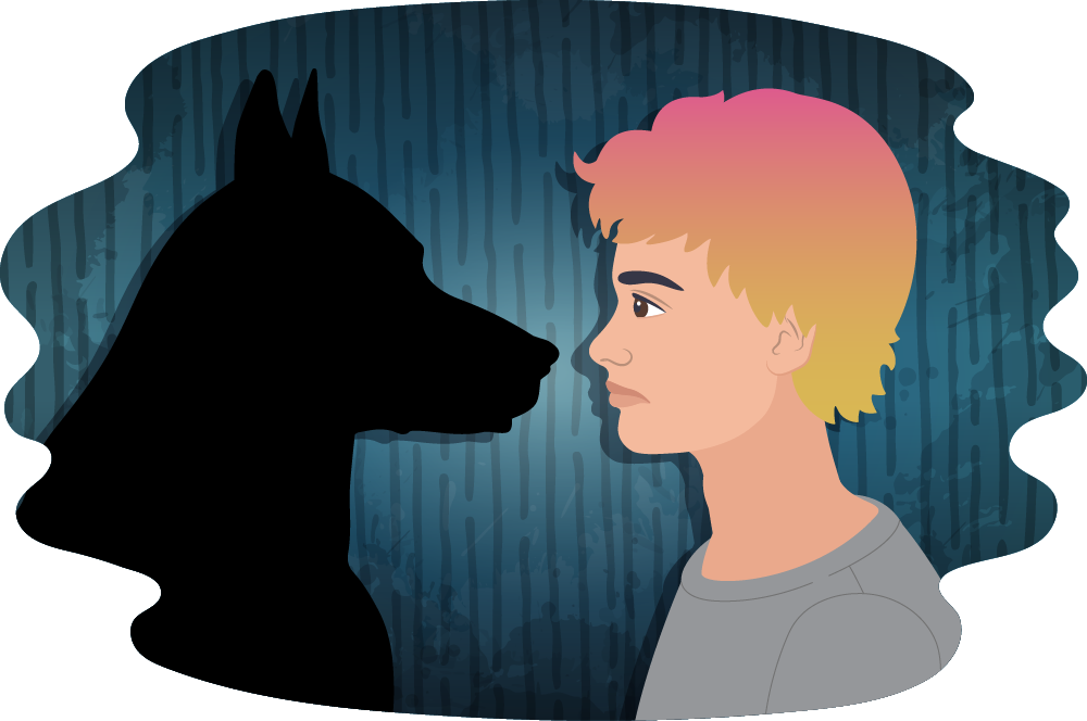 Teen looking at shadowy black dog