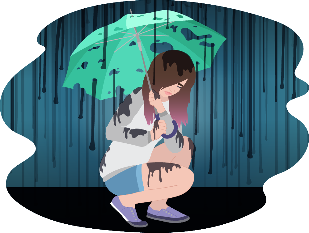 Teen kneeling on the ground in the rain, with black rain eating through her umbrella and dripping on her