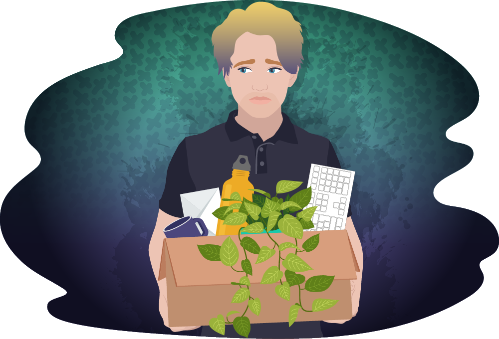 Young person looking upset, carrying a box with a drink bottle, plant and other items in it