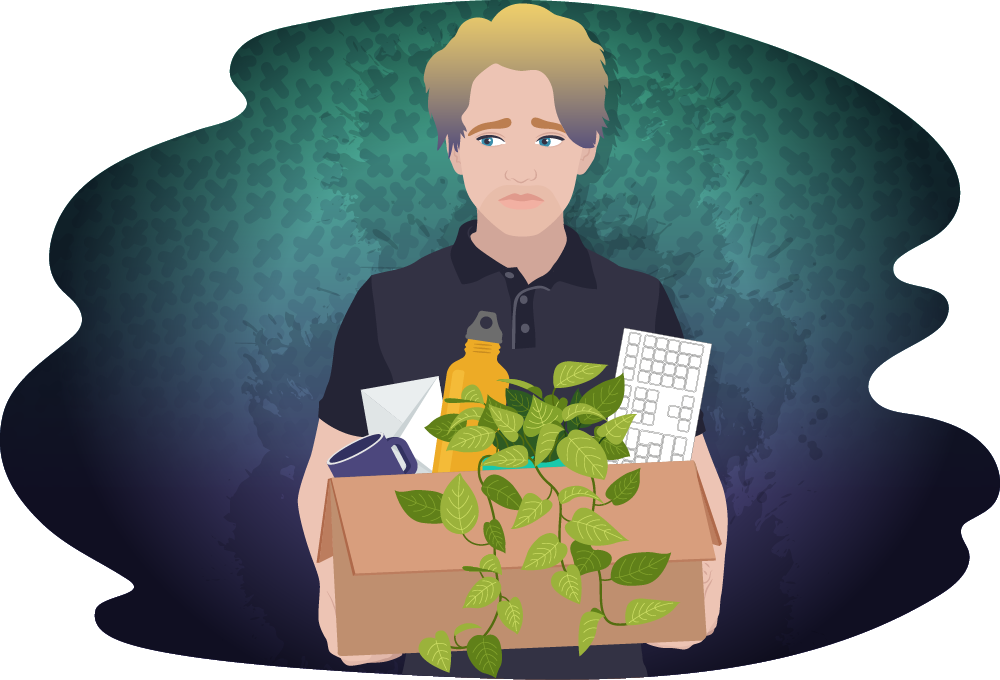 Young person looking upset, carrying a box with a drink bottle, plant and other items in it