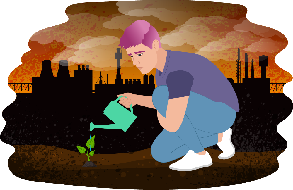 Teen watering a sapling with the silhouette of industrial factories in the background bleching smoke into the sky
