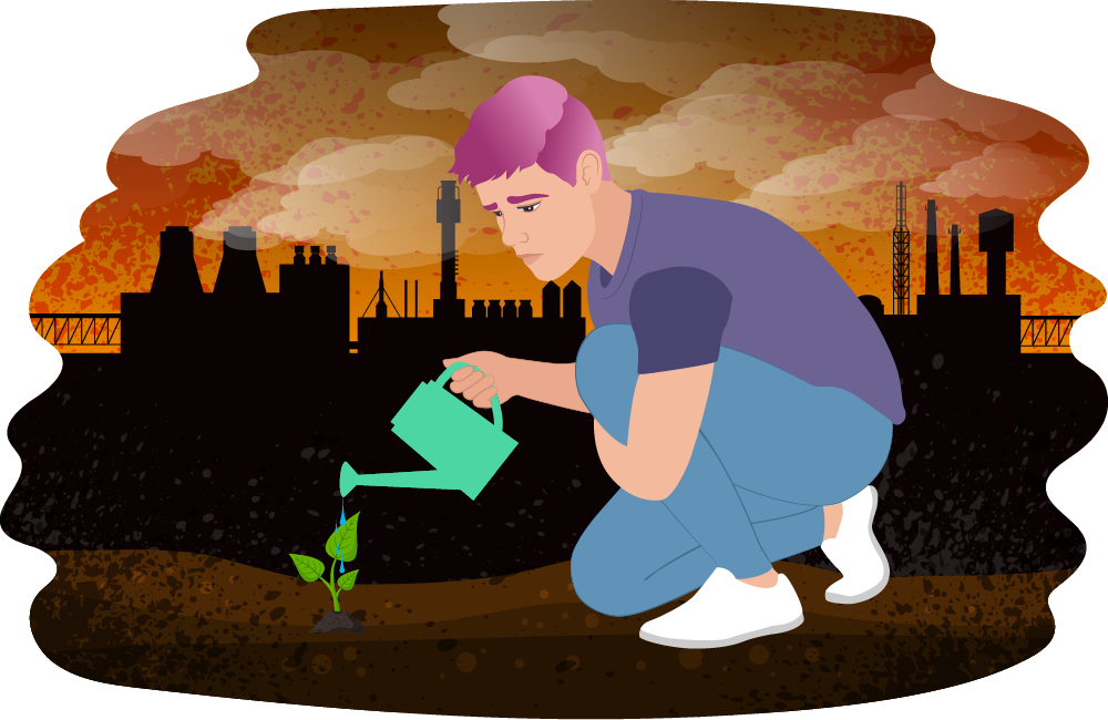 Teen watering a sapling with the silhouette of industrial factories in the background bleching smoke into the sky