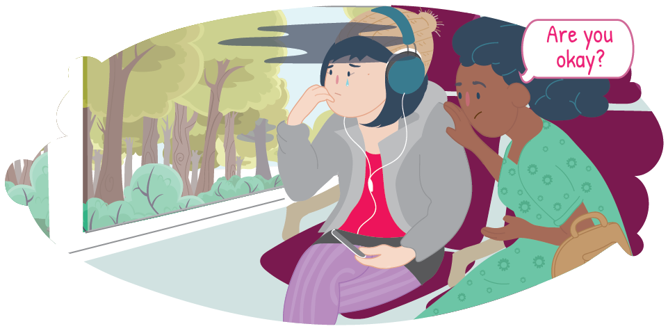 Woman comforting sad teen on train asking, 'Are you ok?'