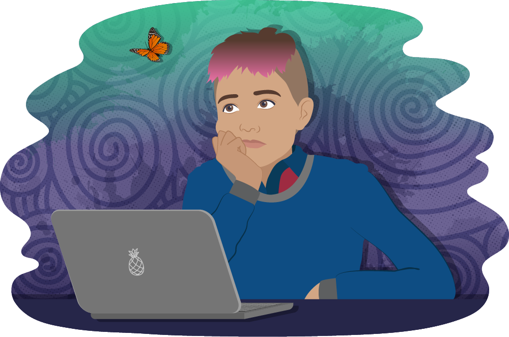 Teen in front of laptop looking bored and distractedly into space at a butterfly