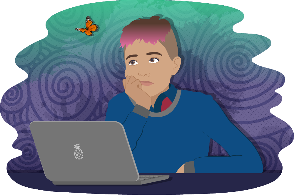 Teen in front of laptop looking bored and distractedly into space at a butterfly