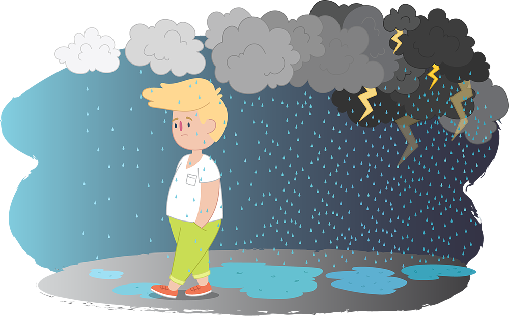 Boy walking through rainy cloudy skies towards light