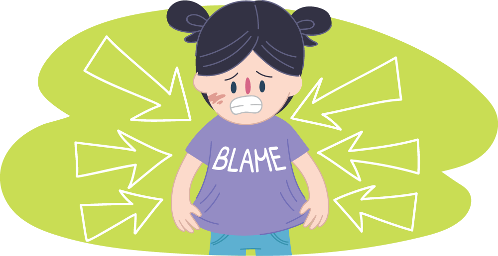 Child with shirt that says "BLAME" and arrows pointing towards her