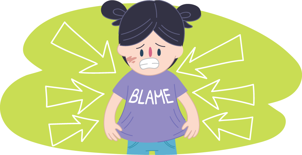 Child with shirt that says "BLAME" and arrows pointing towards her