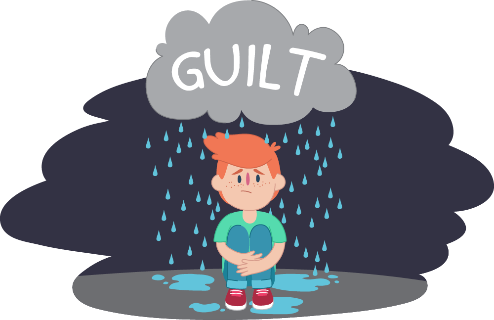 Little boy sitting under "guilt" rain cloud