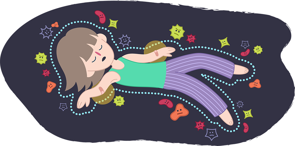 Girl sleeping and floating in the air, her body surrounded by a force field with frowning germs