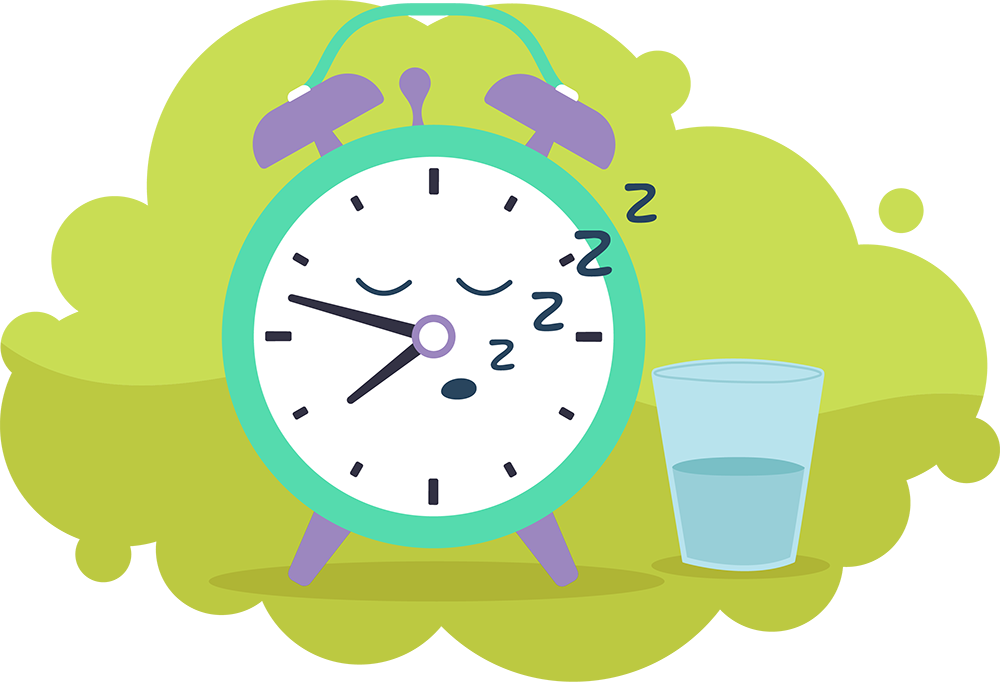 Alarm clock sleeping next to glass of water