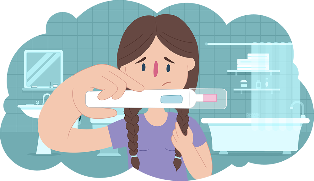 Worried young girl holding up pregnancy test in bathroom