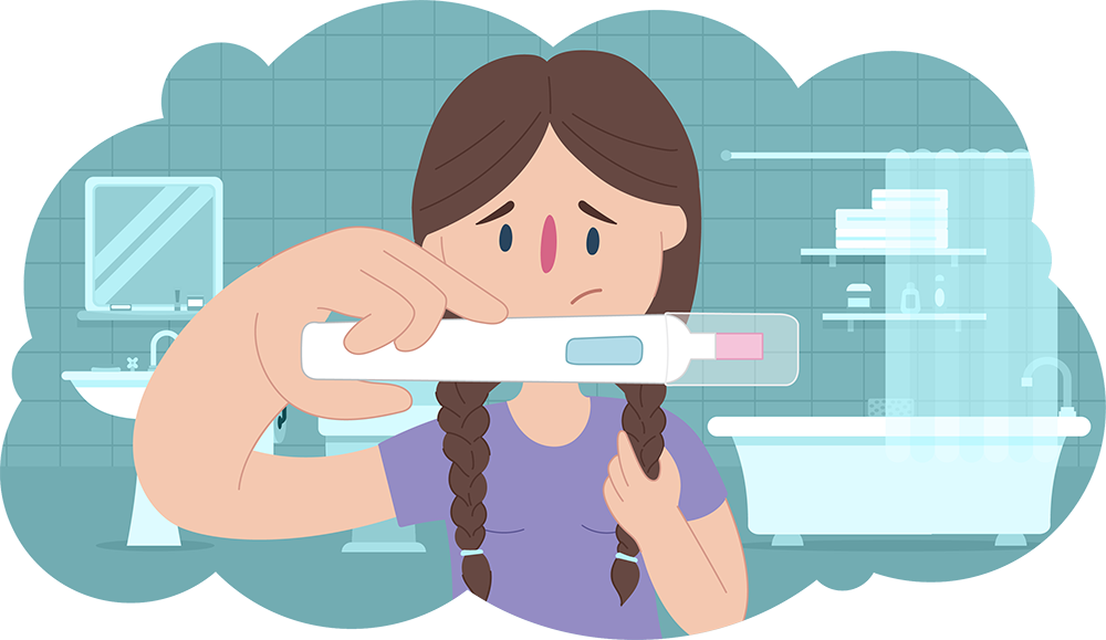 Worried young girl holding up pregnancy test in bathroom