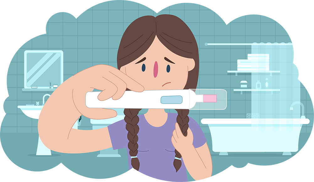 Worried young girl holding up a pregnancy test in bathroom