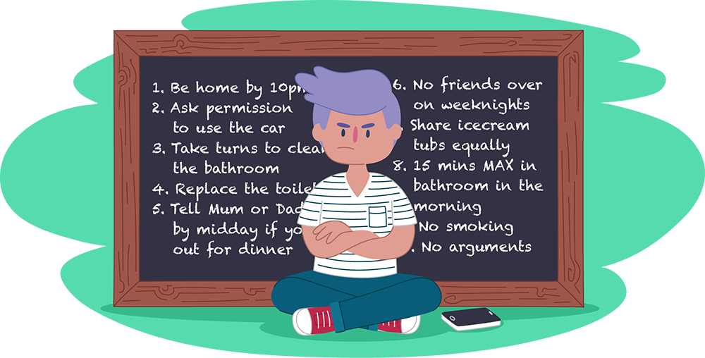 Teen with crossed arms sitting in front of blackboard of rules