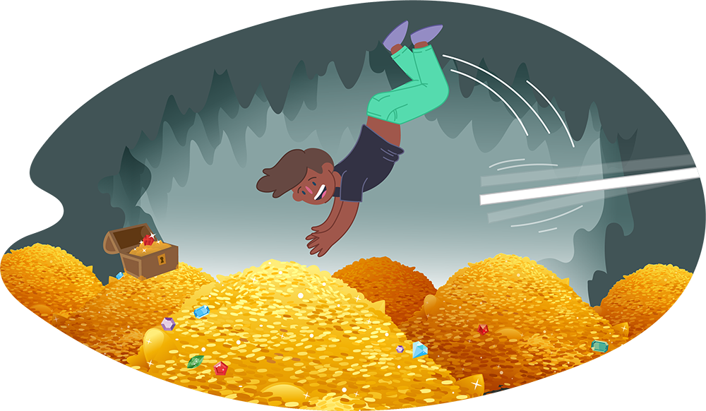 Teen jumping into mounds of gold coins