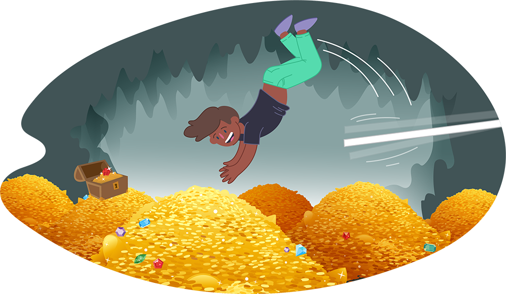 Young man diving into a mound of gold coins