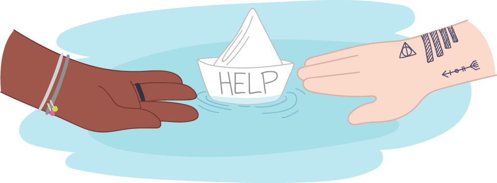 Two hands reaching out to a paper boat with the message 'help' on it