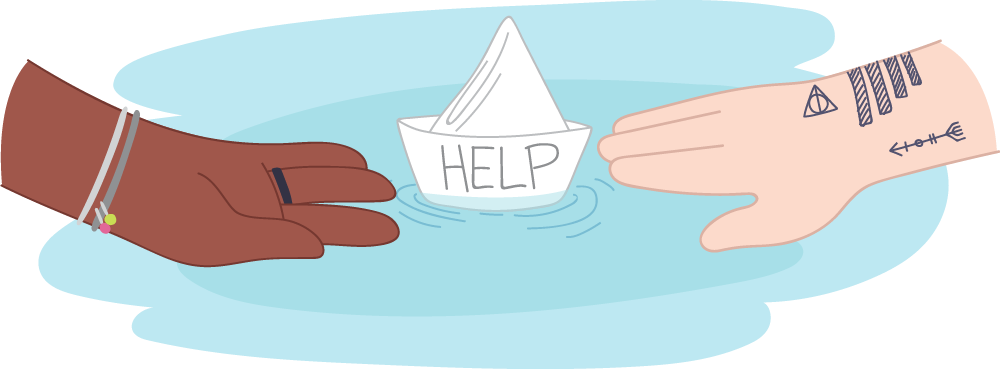 Two hands reaching out to a paper boat with the message 'help' on it