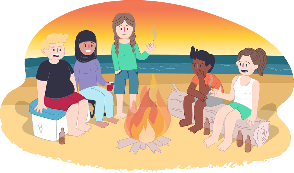 Young people around a beach bonfire with drinks and cigarettes