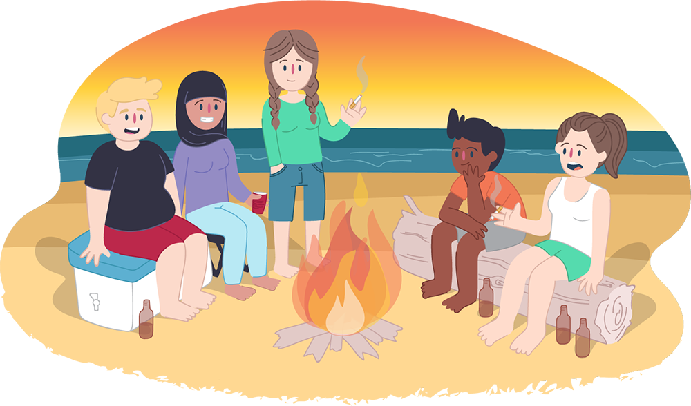 Young people around a beach bonfire with drinks and cigarettes