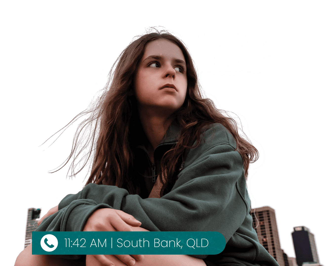 Teen girl with wording, "I felt so alone" above her head.