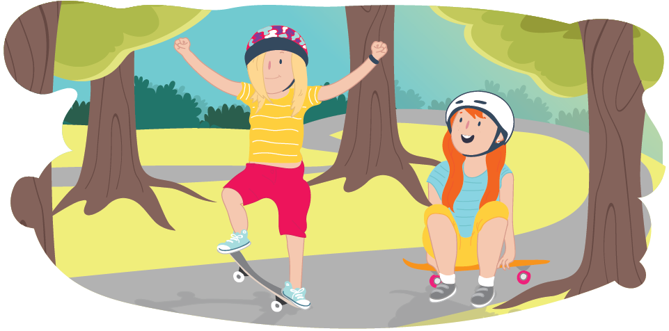 Two kids on skateboards in a park having fun