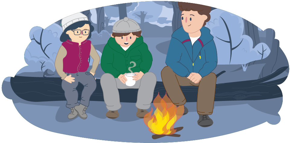 Two kids around a campfire with an adult talking about their problems