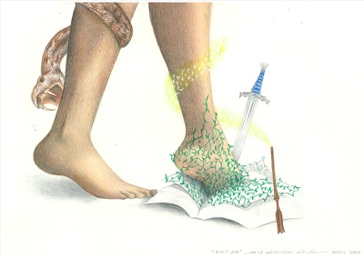 A girl steps into a book, which has a sword, magic wand and tiara coming out of it. Wrapped around the girl's other leg is a snake, poised, ready to strike.