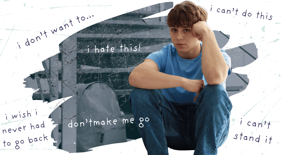 A teen boy looking stressed, sitting on a staircase with his school bag next to him