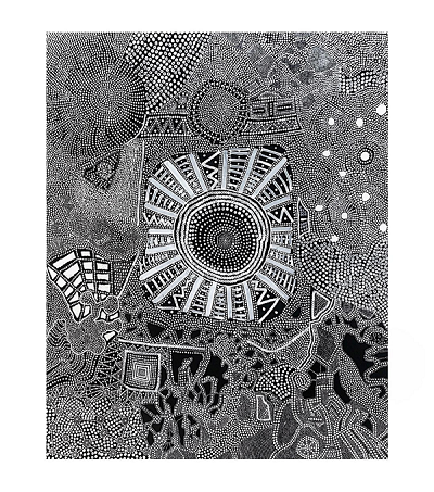 Aboriginal artwork painted in black and white.