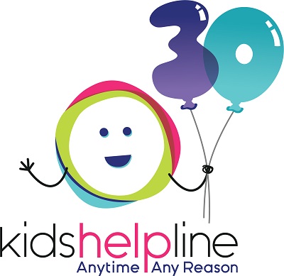 Kids Helpline's logo holding two balloons that say 30