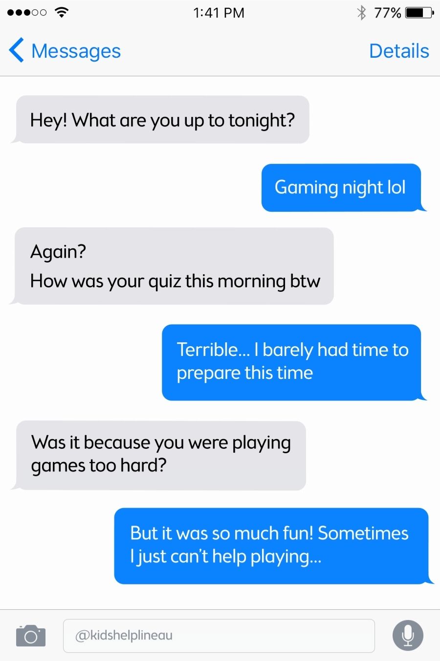 Two young people texting on a mobile, having a conversation about gaming addiction