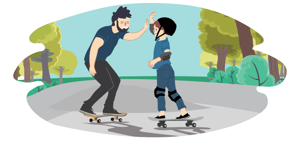 Parent and son skateboarding together and high-fiving