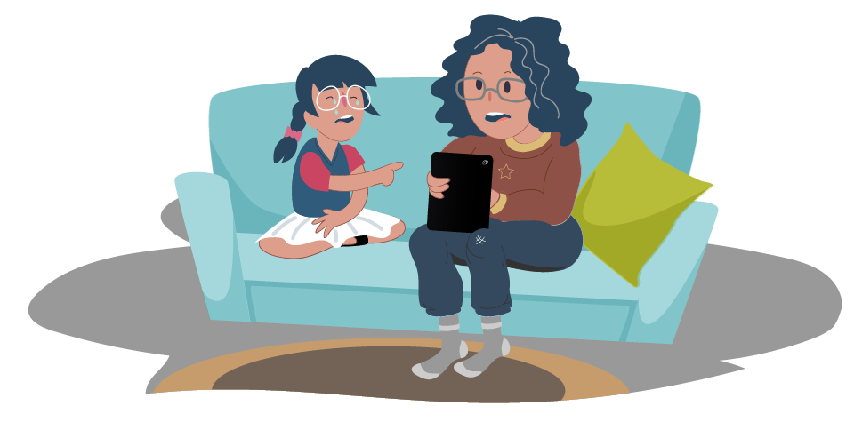 Young girl upset showing iPad to mum on couch