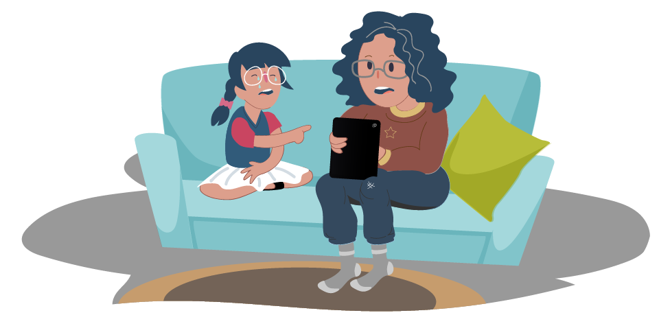 Young girl upset showing iPad to mum on couch