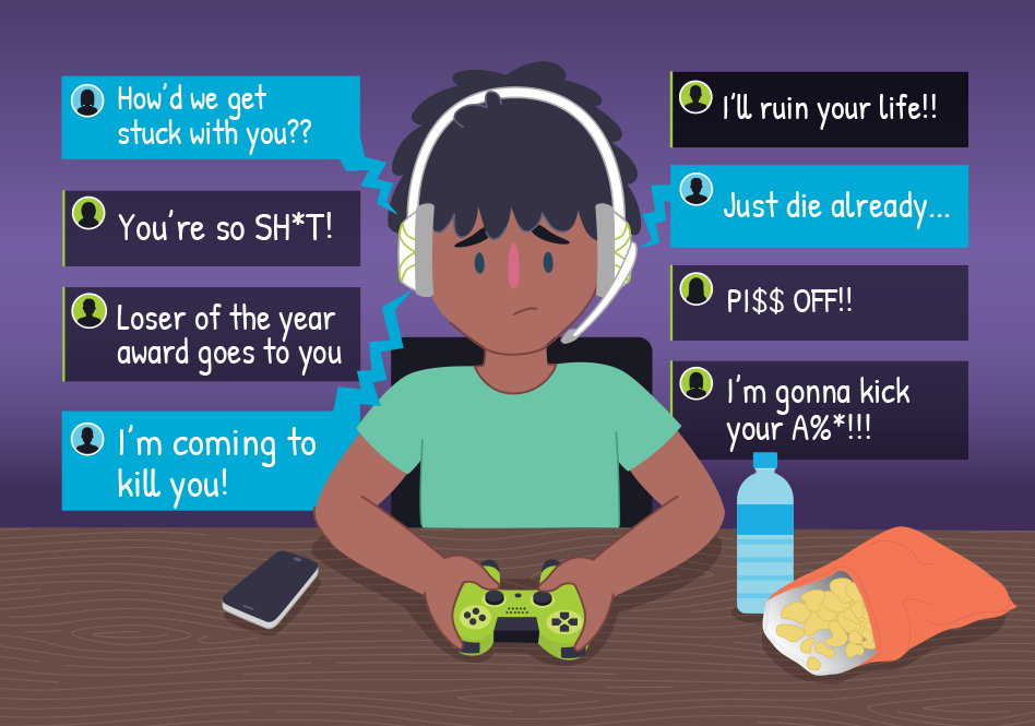 Young person holding game console with headset on as cyberbullying speech bubbles appear around him