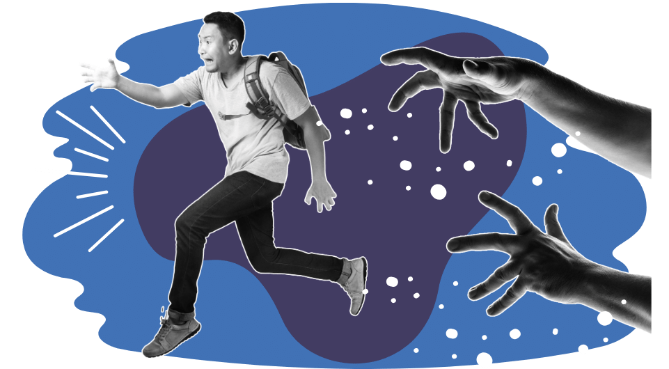 Teen running away from giant hands