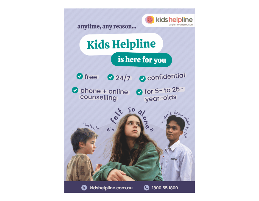 Poster about Kids Helpline with images of kids & teens